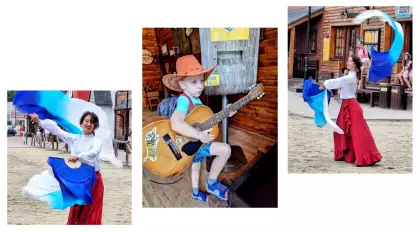 Zdjęcie z chłopcem w pomarańczowym kowbojskim kapeluszu i z gitarą oraz dwa zdjęcia z kobietą w czerwonej, długiej spódnicy i białej koszuli i wachlarzami białoniebieskimi.