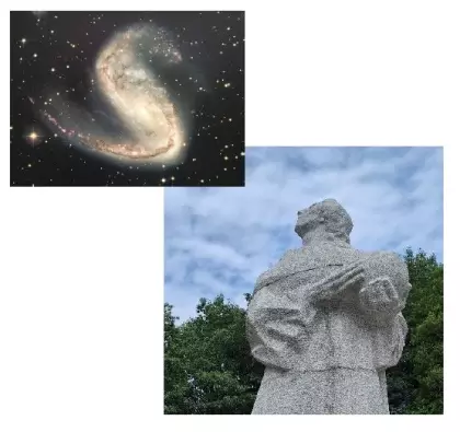 Dwa zdjęcia z posągiem Mikołaja Kopernika trzymającego kulę i patrzącego ku niebu oraz obraz przedstawiający galaktykę w ruchu.