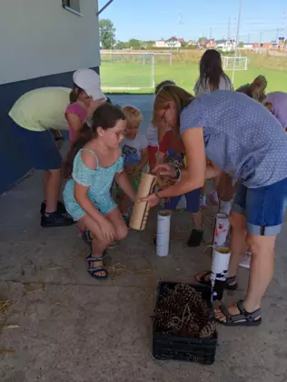 Wszyscy uczestnicy zajęć wypełniają tekturowe rolki sianem i szyszkami.