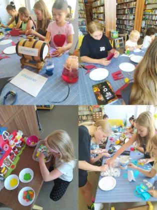 Kolaż zdjęć z zajęć bibliotecznych.