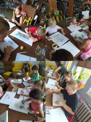 Kolaż zdjęć z zajęć bibliotecznych.