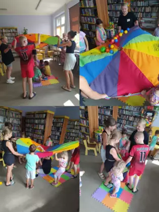 Kolaż zdjęć z zajęć bibliotecznych.