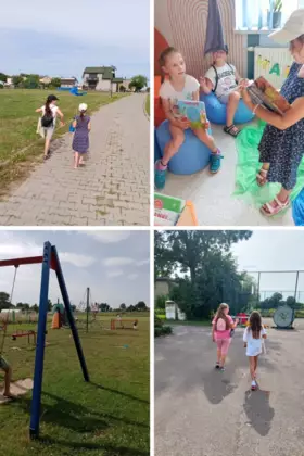 Kolaż zdjęć, przedstawiający dzieci, które grają w podchody.