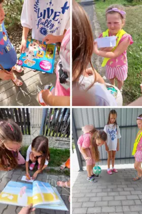 Kolaż zdjęć przedstawiający dziewczynki, które rozwijązują łamigłówki.