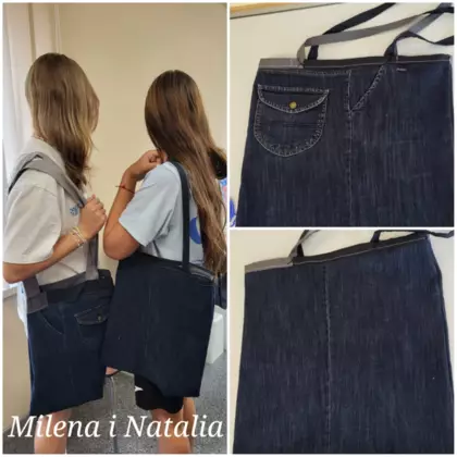 Kolaż zdjęć. Dziewczyny mają na ramionach powieszone uszyte torby.