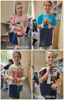 Kolaż zdjęć dzieci z uszytymi torbami, które trzymają w rękach.