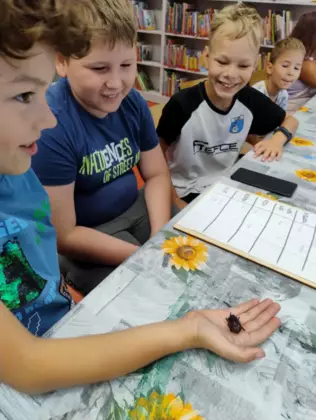 Chłopczyk trzyma w ręku owad a reszta uczestników mu się przygląda.