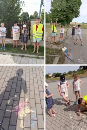 Kolaż zdjęć przedstawiający uczestników zajęć podczas gry w podchody.