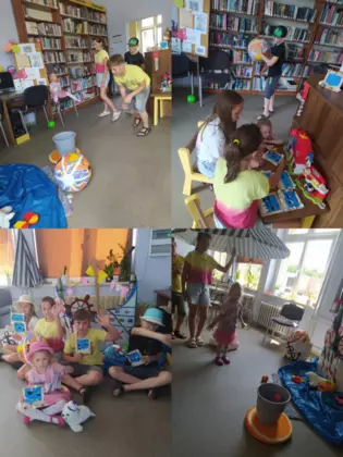 Kolaż zdjęć z zajęć, na których dzieci bawią się w gry zręcznościowe