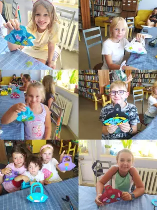 Kolaż zdjęć z zajęć bibliotecznych.