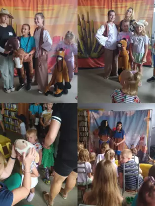 Kolaż zdjęć z przedstawienia teatralnego.