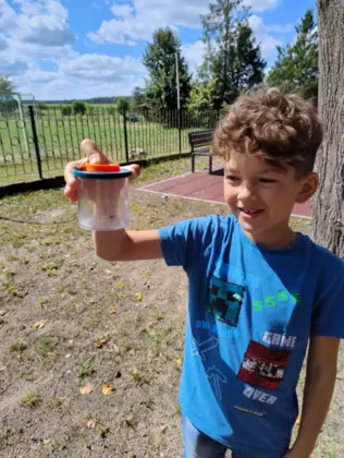 Chłopczyk pokazuje złapanego owada w pojemniczku.