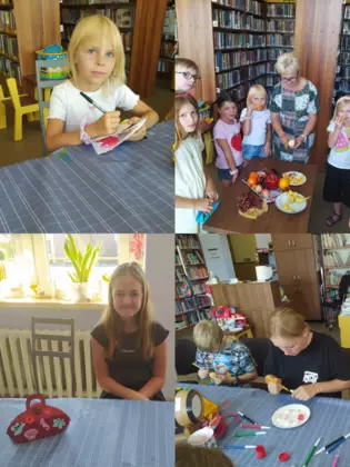 Kolaż zdjęć z zajęć bibliotecznych.