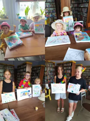 Kolaż zdjęć z zajęć bibliotecznych.