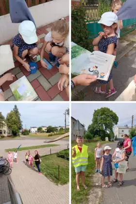 Kolaż zdjęć przedstawiający uczestników zajęć podczas gry w podchody.