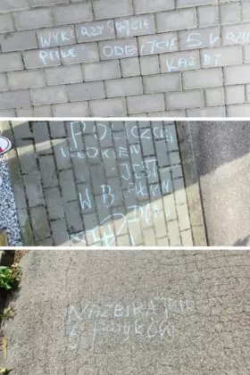Kolaż zdęć, który przedstawia kredowe napisy na chodniku.