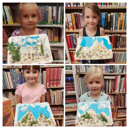 Kolaż zdjęć dzieci wykonujących prace plastyczną - góry z masy solnej.