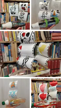 Kolaż zdjęć prac plastycznych dzieci - stateczków wykonanych z butelek plastikowych.