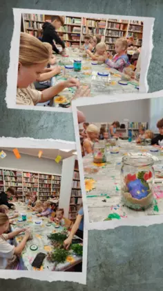 Kolaż zdjęć dzieci wykonujących ocean w słoiku.