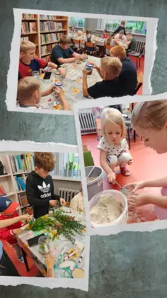 Kolaż zdjęć dzieci wykonujących ocean w słoiku.