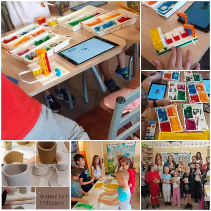 Kolaż zdjęć dzieci wykonujących prace plastyczne.