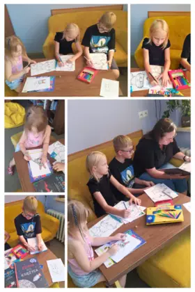 Kolaż zdjęć. Uczestnicy zajęć kolorują zwierzątka, które potem wyślą w kosmos.