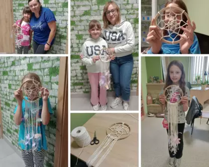 Kolaż zdjęć z warsztatów makramowych-łapacze snów.