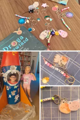 Kolaż zdjęć. Ukonczona rakieta oraz breloczki, które dzieci samodzielnie wykonały.