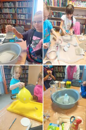 Kolaż zdjęć. Dzieci podczas zajęć. Robią eksperymenty z wody, sody, octu, balonów.