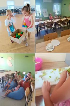 Kolaż zdjęć. dzieci szykują stoły na przyjście rodziców. Dzieci szykują sałatkę owocową.