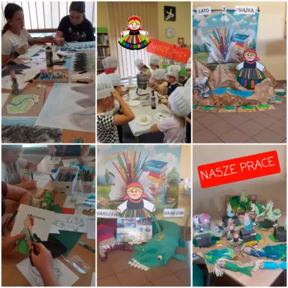 Kolaż zdjęć dzieci wykonujących prace plastyczne.