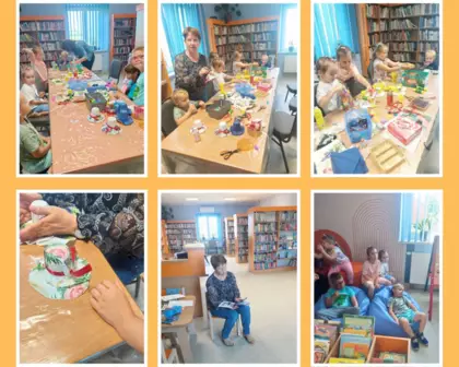 Kolaż zdjęć dzieci wykonujących kolorowe kapelusiki.