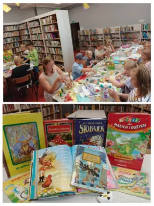 Kolaż zdjęć z zajęć plastycznych i gazetki bibliotecznej.