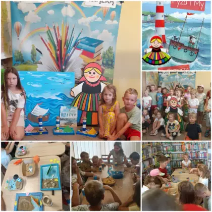 Kolaż zdjęć z zajęć bibliotecznych.