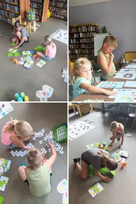 Kolaż zdjęć. Dzieci w trakcie programowania robotów.