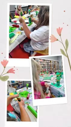 Kolaż zdjęć dzieci na zajęciach bibliotecznych.