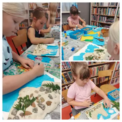 Kolaż zdjęć dzieci wykonujących prace plastyczną - góry z masy solnej.