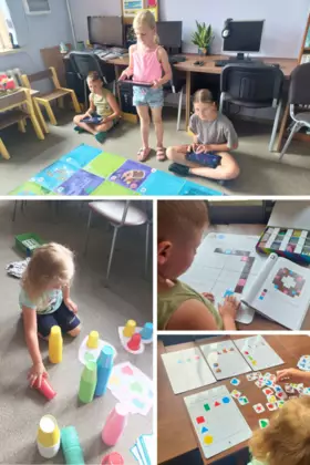 Kolaż zdjęć. Dzieci w trakcie programowania robotów.