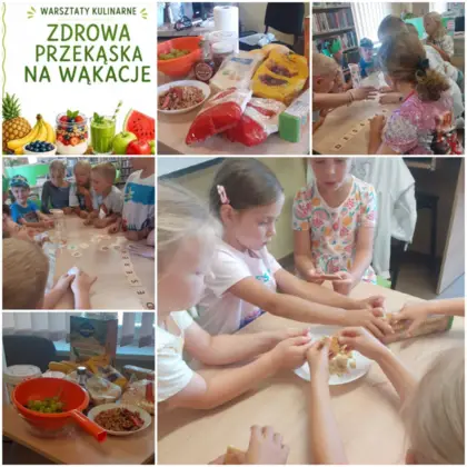 Kolaż zdjęć dzieci przygotowujących zdrową przekąskę.