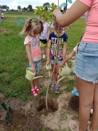 Trzy kilkunastoletnie dziewczynki podlewają żółtymi podlewaczkami świeżo zasadzone drzewo. Pani stoi i przytrzymuje młode drzewko.