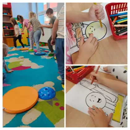 Kolaż zdjęć przedstawiający dzieci w przedszkolu podczas zabawy i rysowania własnych kropek, rozwijających kreatywność i wyobraźnię.