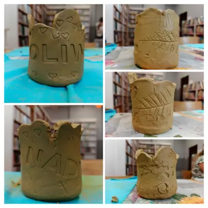 Kolaż zdjęć z warsztatów ceramicznych.  Kubki wykonane z gliny.