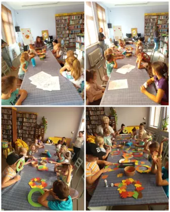 kolaż zdjęć pokazujący dzieci w trakcie wykonywania jesiennych wianków podczas zajęć literacko-plastycznych.