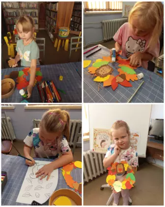 kolaż zdjęć pokazujący dzieci w trakcie wykonywania jesiennych wianków podczas zajęć literacko-plastycznych.