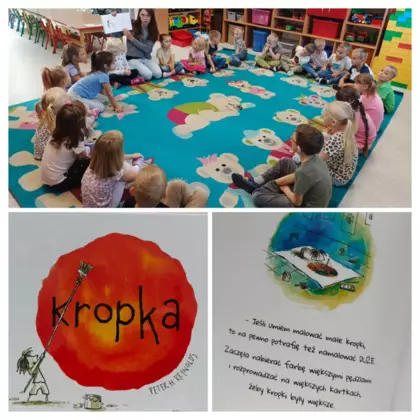 Kolaż zdjęć z przedszkola, na których dzieci słuchają opowiadania o Vashti i książki „The Dot” oraz uczestniczą w kreatywnych zajęciach związanych z kropką.