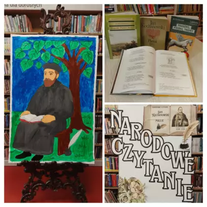 Kolaż zdjęć przedstawiający gazetkę biblioteczną przygotowaną w ramach spotkania.