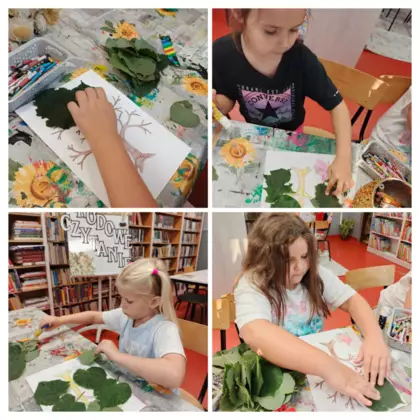 Kolaż zdjęć przedstawiający dzieci podczas tworzenia prac plastycznych – wyklejania drzew i innych elementów.