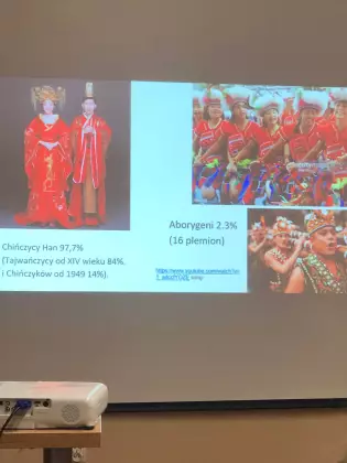 Na ekranie prezentacja, Zdjęcia z Tajwanu Aborygeni i Chińczycy.