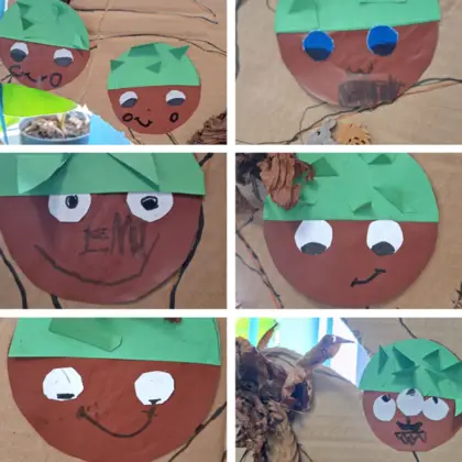 Mozaika sześciu zdjęć z papierowymi kasztanami o uśmiechniętych buziach.