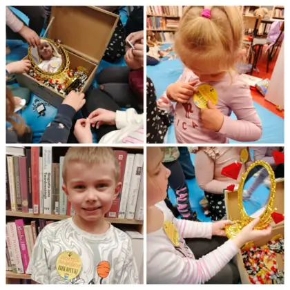 Kolaż zdjęć z zajęć bibliotecznych.